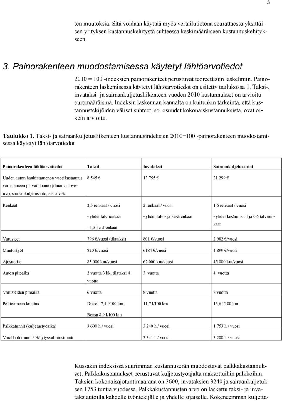 Painorakenteen laskemisessa käytetyt lähtöarvotiedot on esitetty taulukossa 1. Taksi-, invataksi- ja sairaankuljetusliikenteen vuoden 2010 kustannukset on arvioitu euromääräisinä.