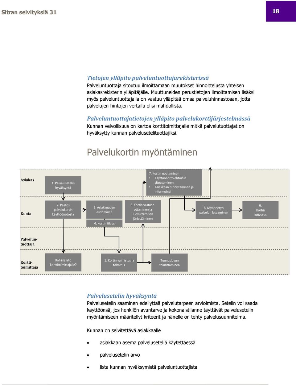 Palveluntuottajatietojen ylläpito palvelukorttijärjestelmässä Kunnan velvollisuus on kertoa korttitoimittajalle mitkä palvelutuottajat on hyväksytty kunnan palvelusetelituottajiksi.