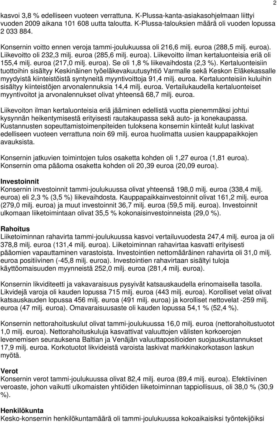 euroa (217,0 milj. euroa). Se oli 1,8 % liikevaihdosta (2,3 %).