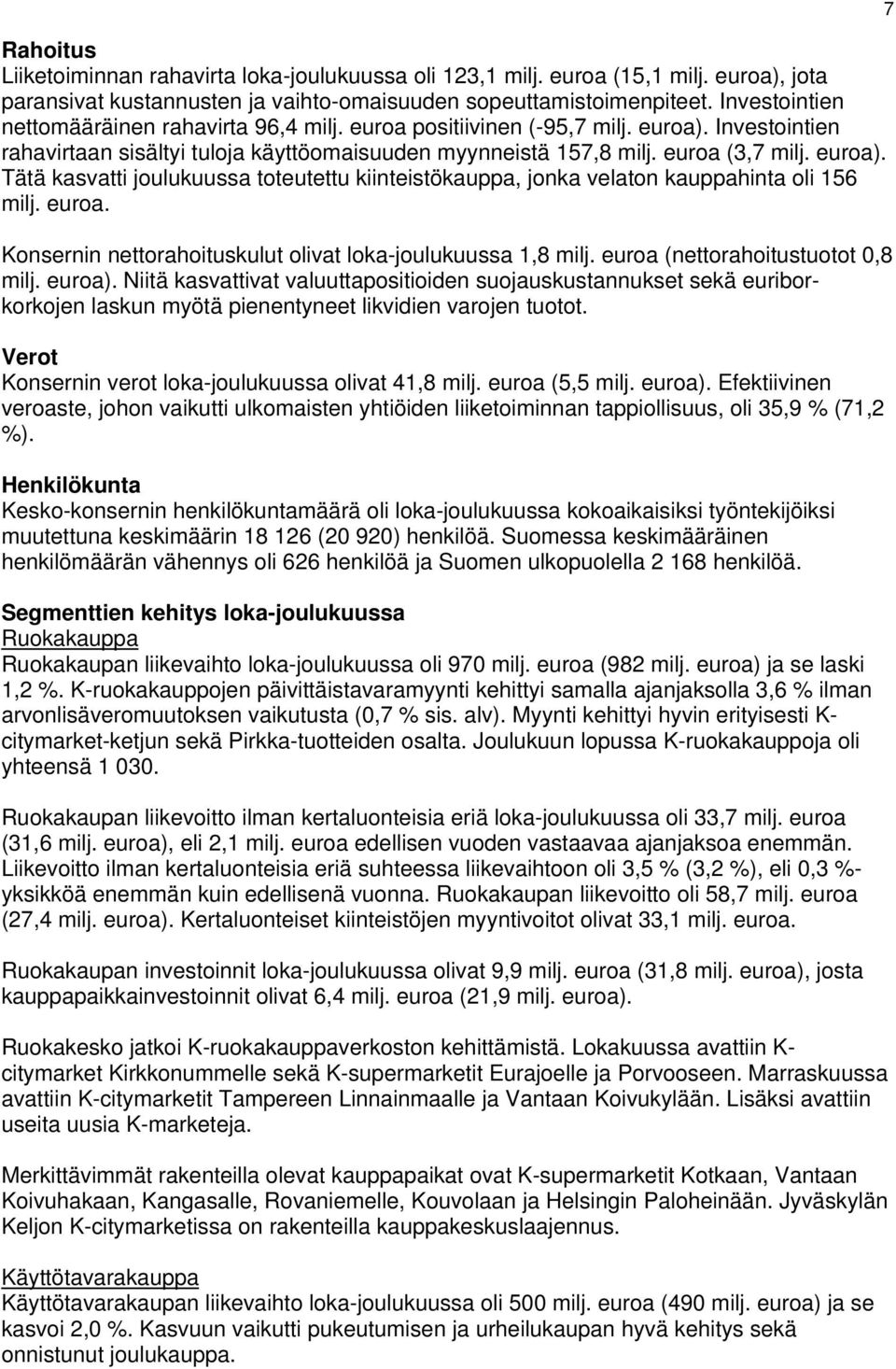 euroa. Konsernin nettorahoituskulut olivat loka-joulukuussa 1,8 milj. euroa (nettorahoitustuotot 0,8 milj. euroa).