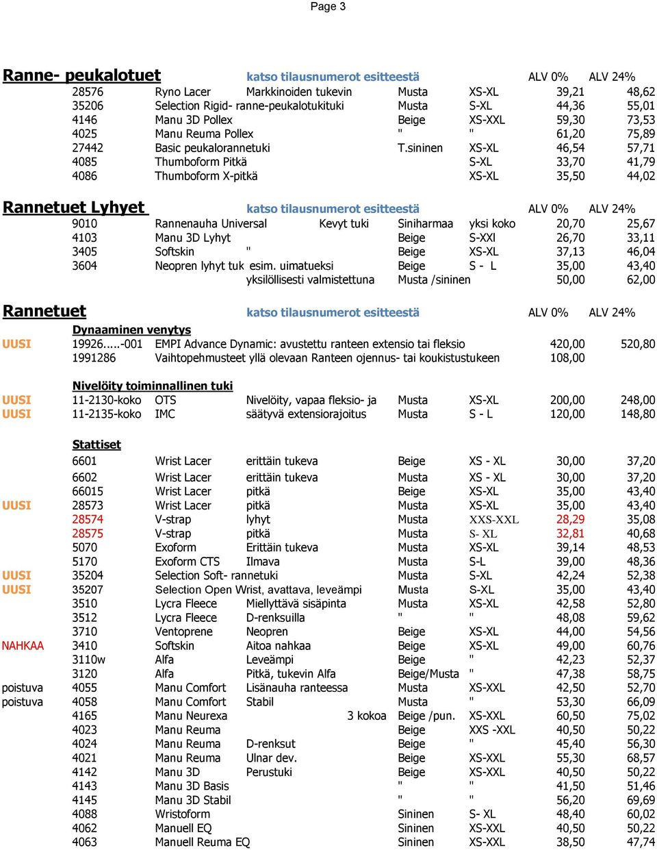 sininen XS-XL 46,54 57,71 4085 Thumboform Pitkä S-XL 33,70 41,79 4086 Thumboform X-pitkä XS-XL 35,50 44,02 Rannetuet Lyhyet katso tilausnumerot esitteestä ALV 0% ALV 24% 9010 Rannenauha Universal