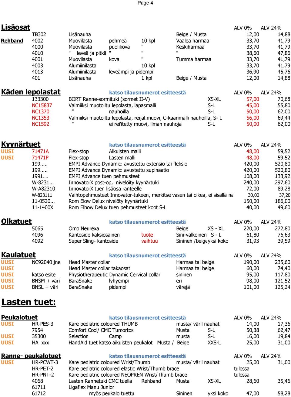 Musta 12,00 14,88 Käden lepolastat katso tilausnumerot esitteestä ALV 0% ALV 24% 133300 BORT Ranne-sormituki (sormet II-V) XS-XL 57,00 70,68 NC15837 Valmiiksi muotoiltu lepolasta, lapasmalli S-L