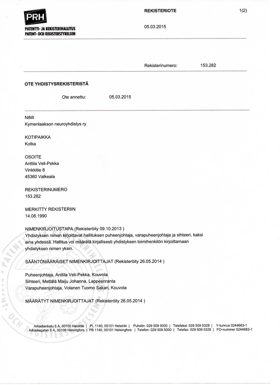 1990 NIMENKIRJOITUSTAPA (Rekisterdity 09.10.2013 ) Yhdistyksen nimen kirjoittavat hallituksen puheenjohtaja, varapuheenjohtaja ja sihteeri, kaksi aina yhdessa.