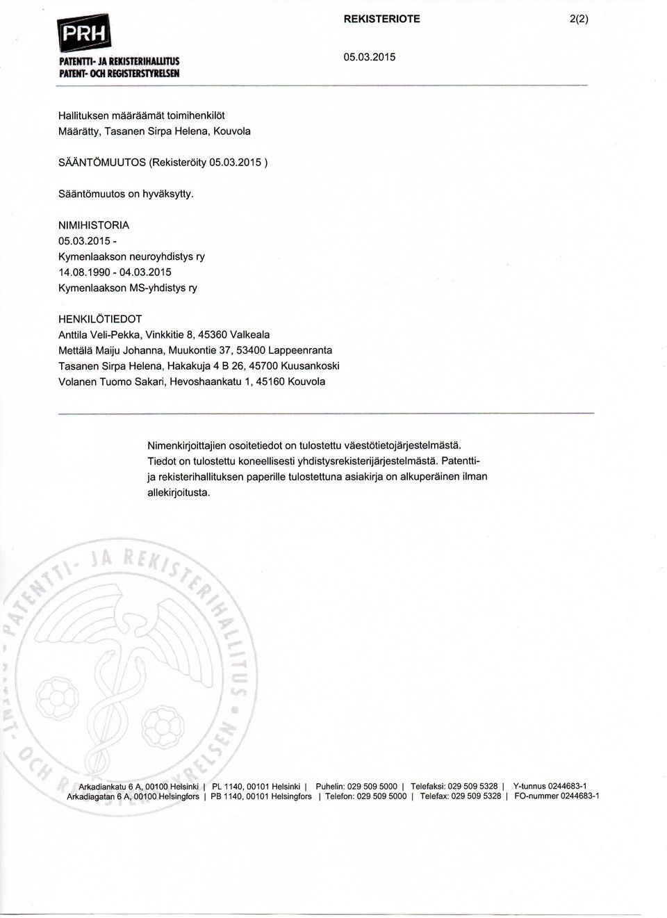 2015 Kymenlaakson MS-yhdistys ry HENKILOTIEDOT Anttila Veli-Pekka, Vinkkitie 8, 45360 Valkeala Mettala Maiju Johanna, Muukontie 37, 53400 Lappeenranta Tasanen Sirpa Helena, Hakakuja 4 B 26, 45700