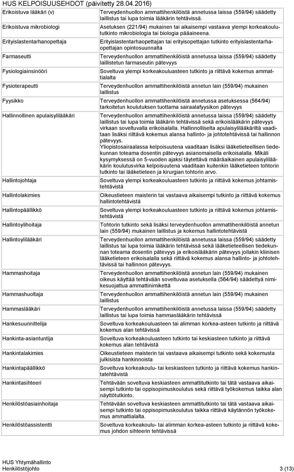 Erityislastentarhanopettaja Erityislastentarhaopettajan tai erityisopettajan tutkinto erityislastentarhaopettajan opintosuunnalta Farmaseutti laillistetun farmaseutin pätevyys Fysiologiainsinööri