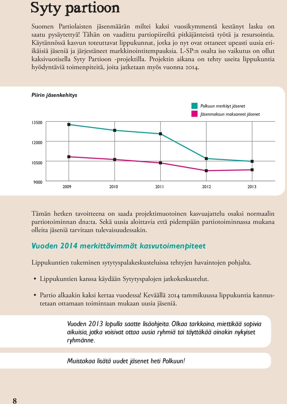 L-SP:n osalta iso vaikutus on ollut kaksivuotisella Syty Partioon -projektilla. Projektin aikana on tehty useita lippukuntia hyödyntäviä toimenpiteitä, joita jatketaan myös vuonna 2014.