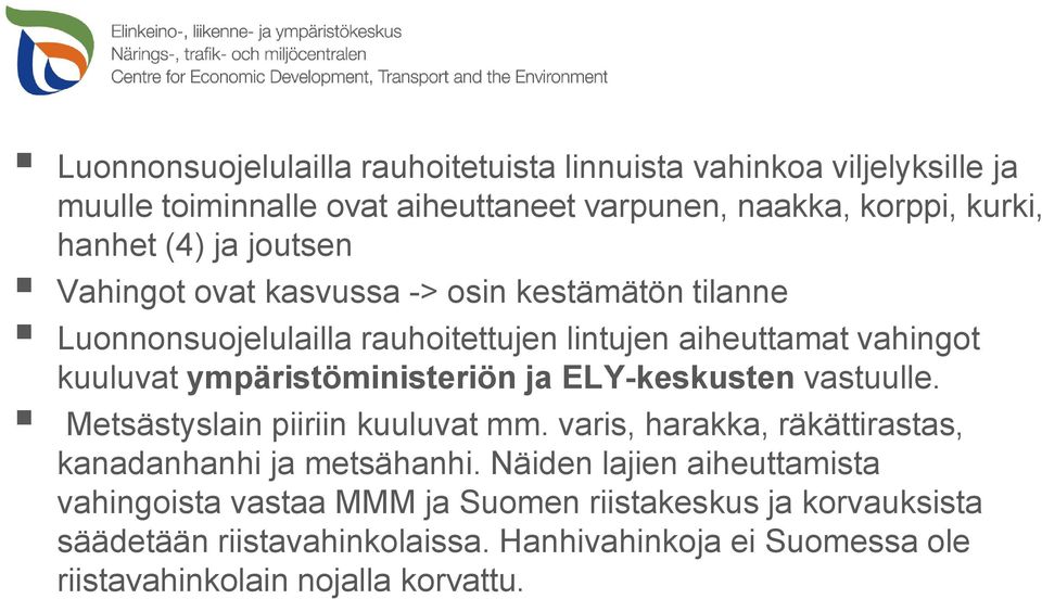 ympäristöministeriön ja ELY-keskusten vastuulle. Metsästyslain piiriin kuuluvat mm. varis, harakka, räkättirastas, kanadanhanhi ja metsähanhi.