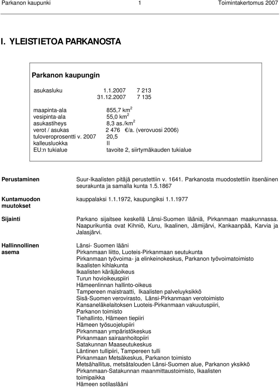 1641. Parkanosta muodostettiin itsenäinen seurakunta ja samalla kunta 1.5.1867 Kuntamuodon kauppalaksi 1.1.1972, kaupungiksi 1.1.1977 muutokset Sijainti Hallinnollinen asema Parkano sijaitsee keskellä Länsi-Suomen lääniä, Pirkanmaan maakunnassa.