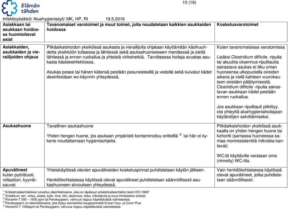 Asukas pesee tai hänen kätensä pestään pesunesteellä ja vedellä sekä kuivatut kädet desinfioidaan wc-käynnin yhteydessä.