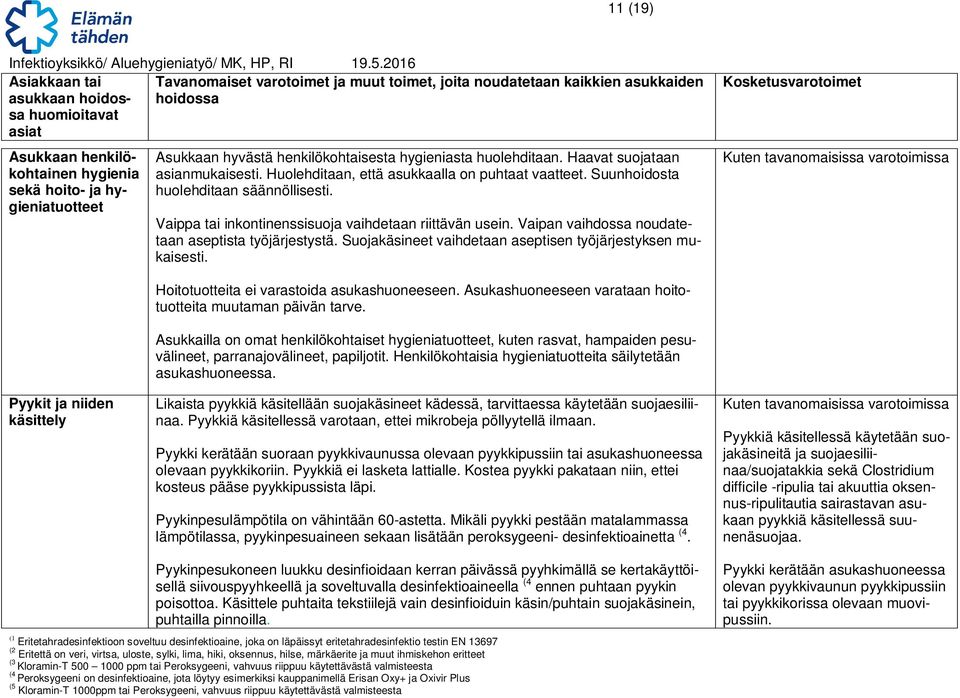 Vaipan vaihdossa noudatetaan aseptista työjärjestystä. Suojakäsineet vaihdetaan aseptisen työjärjestyksen mukaisesti. Pyykit ja niiden käsittely Hoitotuotteita ei varastoida asukashuoneeseen.