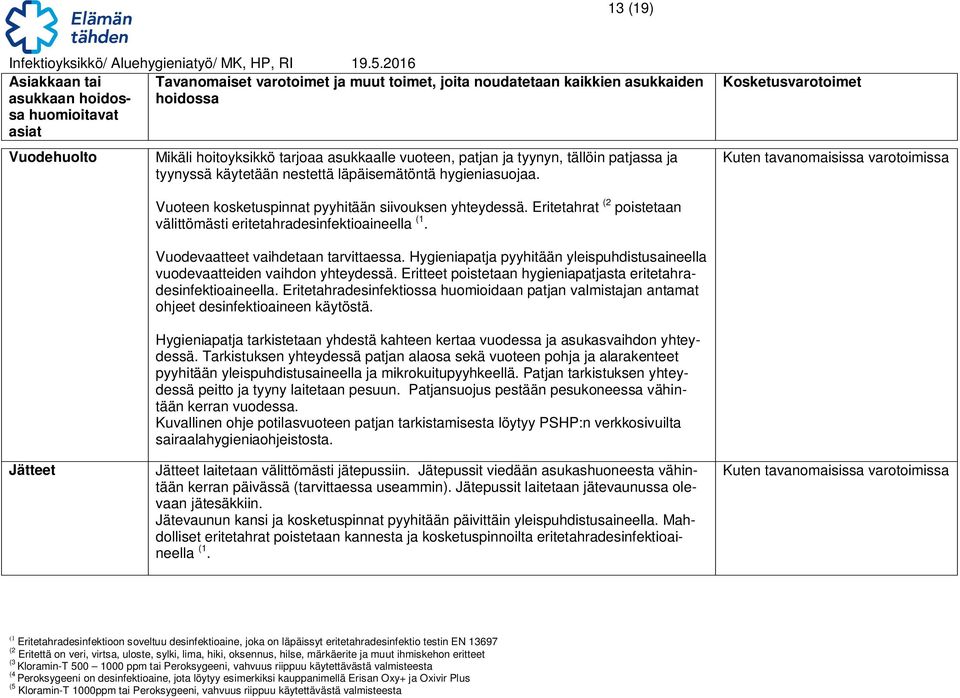 Hygieniapatja pyyhitään yleispuhdistusaineella vuodevaatteiden vaihdon yhteydessä. Eritteet poistetaan hygieniapatjasta eritetahradesinfektioaineella.