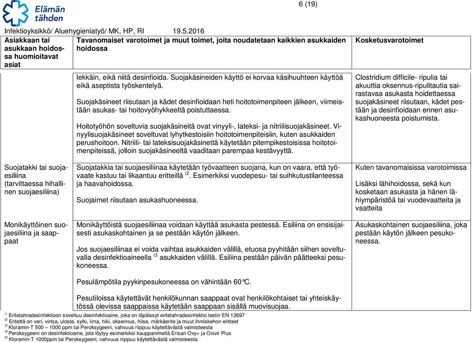 Hoitotyöhön soveltuvia suojakäsineitä ovat vinyyli-, lateksi- ja nitriilisuojakäsineet. Vinyylisuojakäsineet soveltuvat lyhytkestoisiin hoitotoimenpiteisiin, kuten asukkaiden perushoitoon.