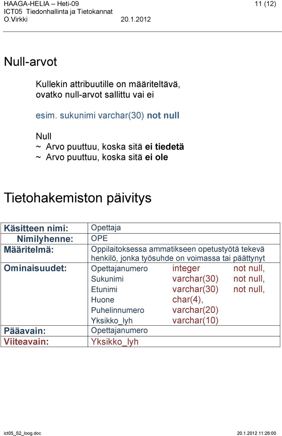 Opettaja Nimilyhenne: OPE Määritelmä: Oppilaitoksessa ammatikseen opetustyötä tekevä henkilö, jonka työsuhde on voimassa tai päättynyt Ominaisuudet: