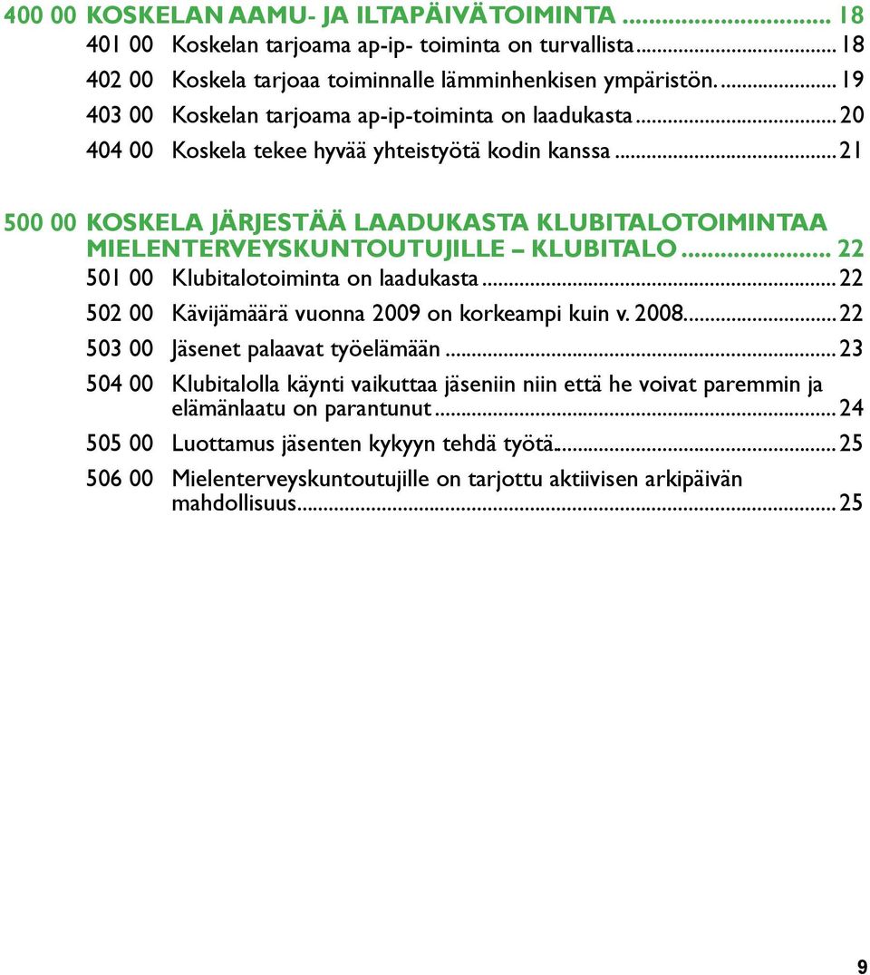 ..21 500 00 Koskela järjestää laadukasta klubitalotoimintaa mielenterveyskuntoutujille Klubitalo... 22 501 00 Klubitalotoiminta on laadukasta... 22 502 00 Kävijämäärä vuonna 2009 on korkeampi kuin v.