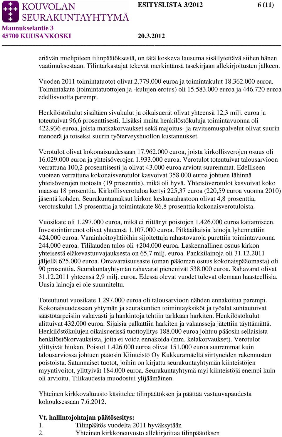 583.000 euroa ja 446.720 euroa edellisvuotta parempi. Henkilöstökulut sisältäen sivukulut ja oikaisuerät olivat yhteensä 12,3 milj. euroa ja toteutuivat 96,6 prosenttisesti.