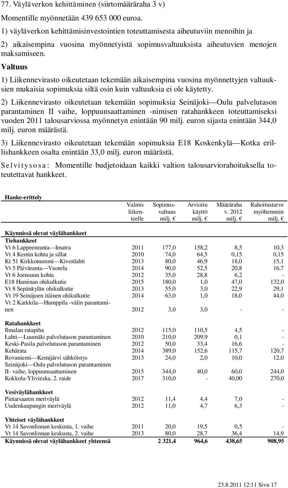 Valtuus 1) Liikennevirasto oikeutetaan tekemään aikaisempina vuosina myönnettyjen valtuuksien mukaisia sopimuksia siltä osin kuin valtuuksia ei ole käytetty.