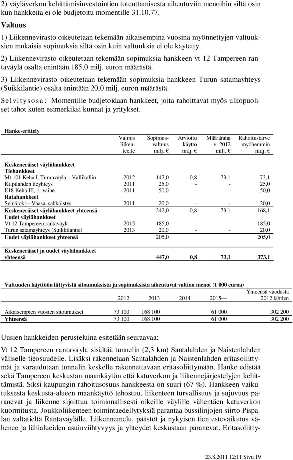 2) Liikennevirasto oikeutetaan tekemään sopimuksia hankkeen vt 12 Tampereen rantaväylä osalta enintään 185,0 milj. euron määrästä.