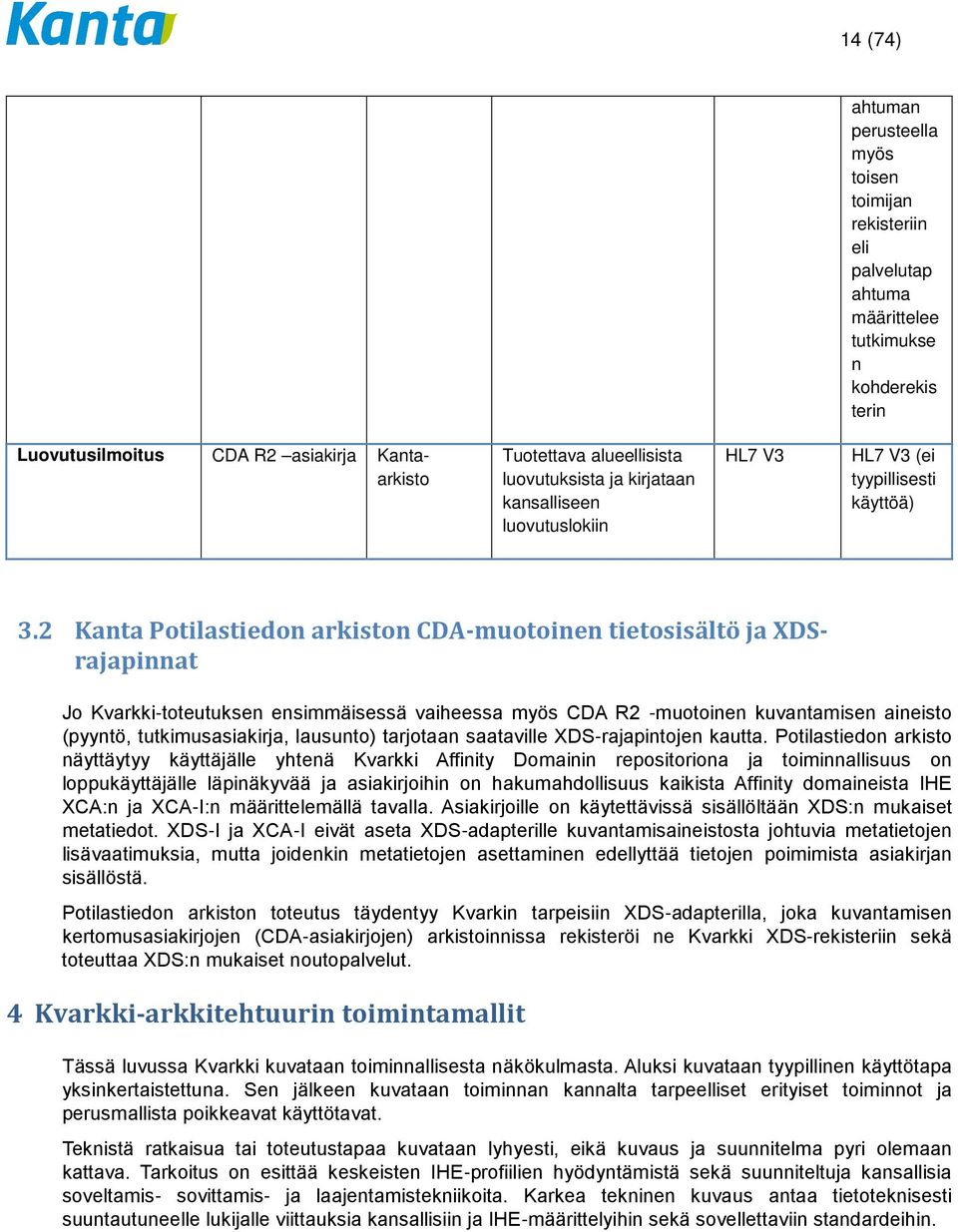 2 Kanta Potilastiedon arkiston CDA-muotoinen tietosisältö ja XDSrajapinnat Jo Kvarkki-toteutuksen ensimmäisessä vaiheessa myös CDA R2 -muotoinen kuvantamisen aineisto (pyyntö, tutkimusasiakirja,