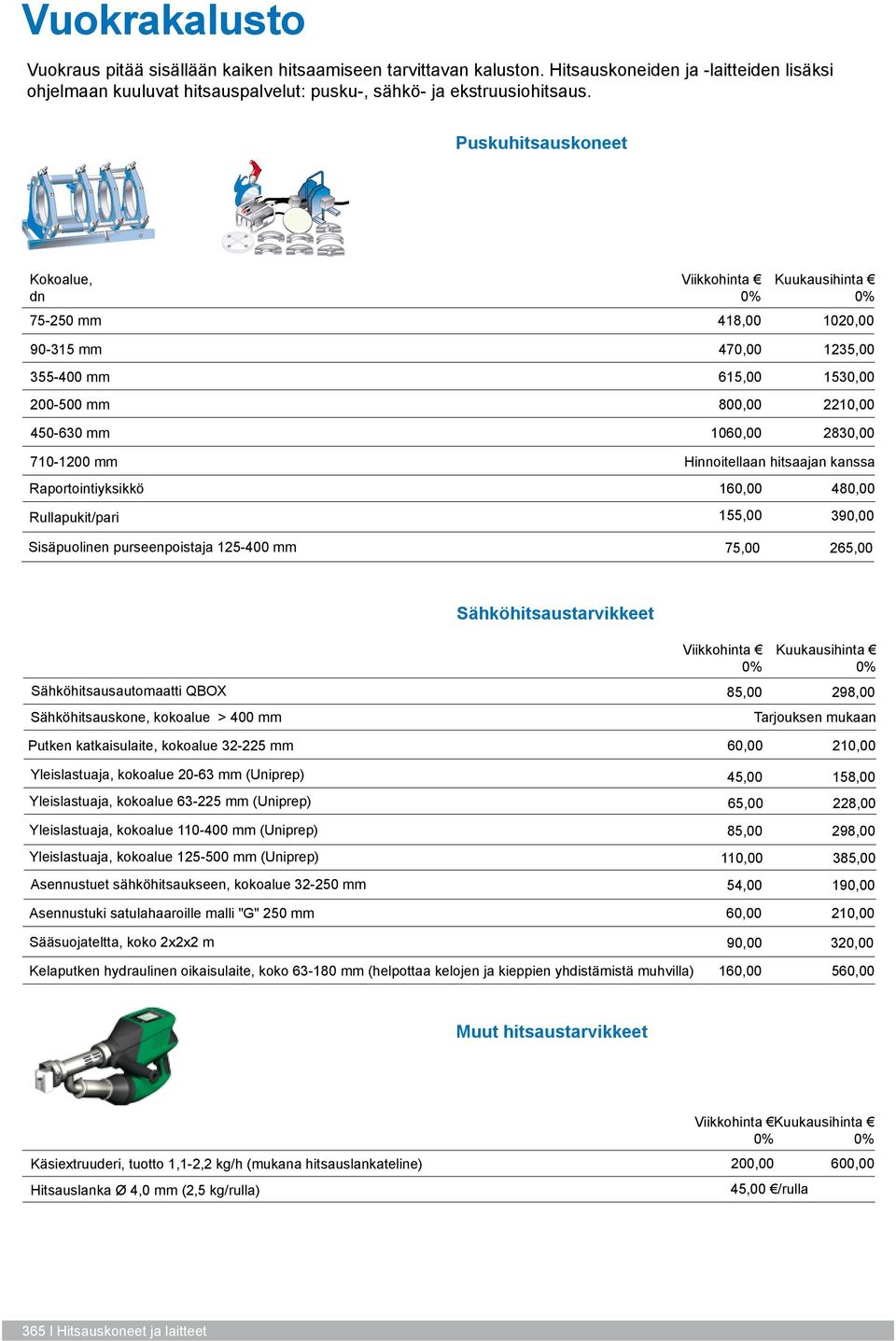 kanssa Raportointiyksikkö 160,00 480,00 Rullapukit/pari 155,00 390,00 Sisäpuolinen purseenpoistaja 125-400 mm 75,00 265,00 Sähköhitsaustarvikkeet Sähköhitsausautomaatti QBOX 85,00 298,00