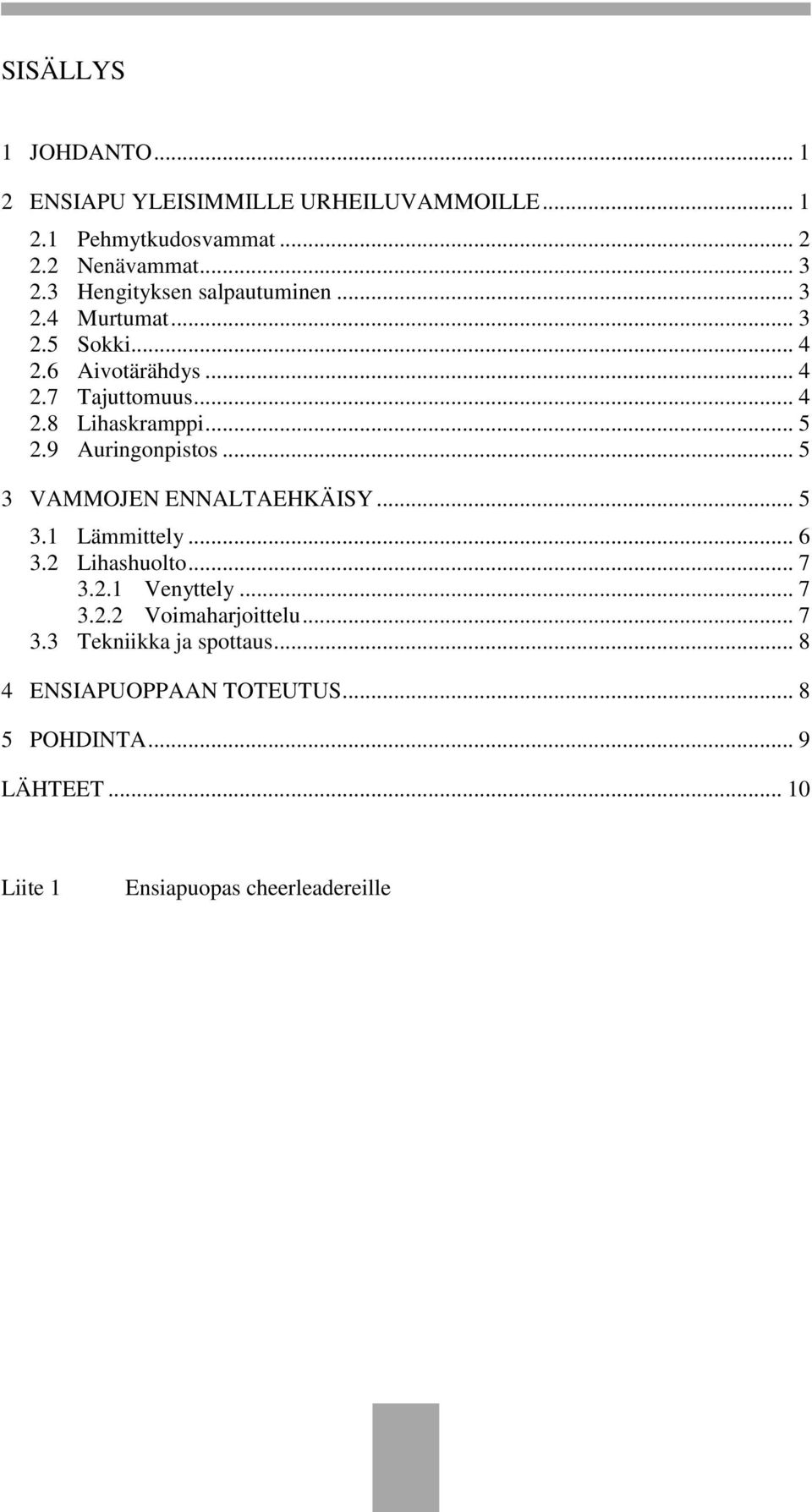 9 Auringonpistos... 5 3 VAMMOJEN ENNALTAEHKÄISY... 5 3.1 Lämmittely... 6 3.2 Lihashuolto... 7 3.2.1 Venyttely... 7 3.2.2 Voimaharjoittelu.