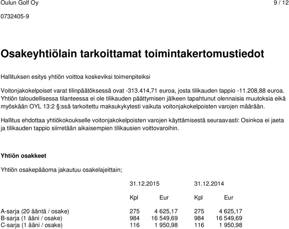 Yhtiön taloudellisessa tilanteessa ei ole tilikauden päättymisen jälkeen tapahtunut olennaisia muutoksia eikä myöskään OYL 13:2 :ssä tarkoitettu maksukykytesti vaikuta voitonjakokelpoisten varojen