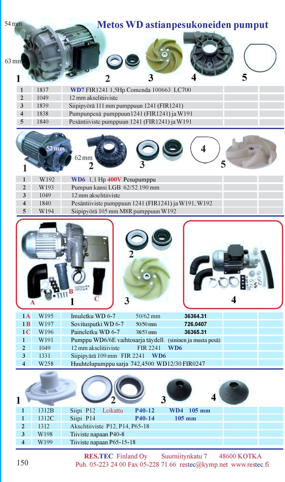 Tilaus 121 No(FIR121) ja W191 52 mm 62 mm 1 W192 WD6 1,1 Hp 00V Pesupumppu 2 W193 Pumpun kansi LGB 62/52 190 mm 3 109 12 mm akselitiiviste 180 Pesäntiiviste pumppuun 121 (FIR121) ja W191, W192 5 W19