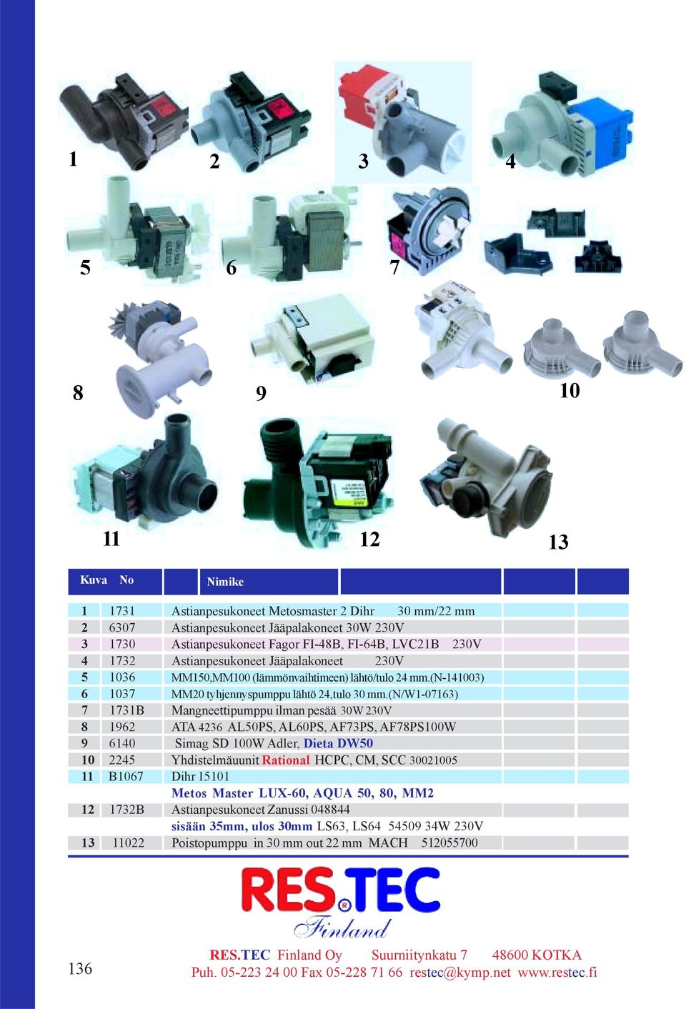 (n/w1-07163) 7 1731B Mangneettipumppu ilman pesää 30W 230V 8 1962 ATA 236 AL50PS, AL60PS, AF73PS, AF78PS100W 9 610 Simag SD 100W Adler, Dieta DW50 10 225 Yhdistelmäuunit Rational HCPC, CM,