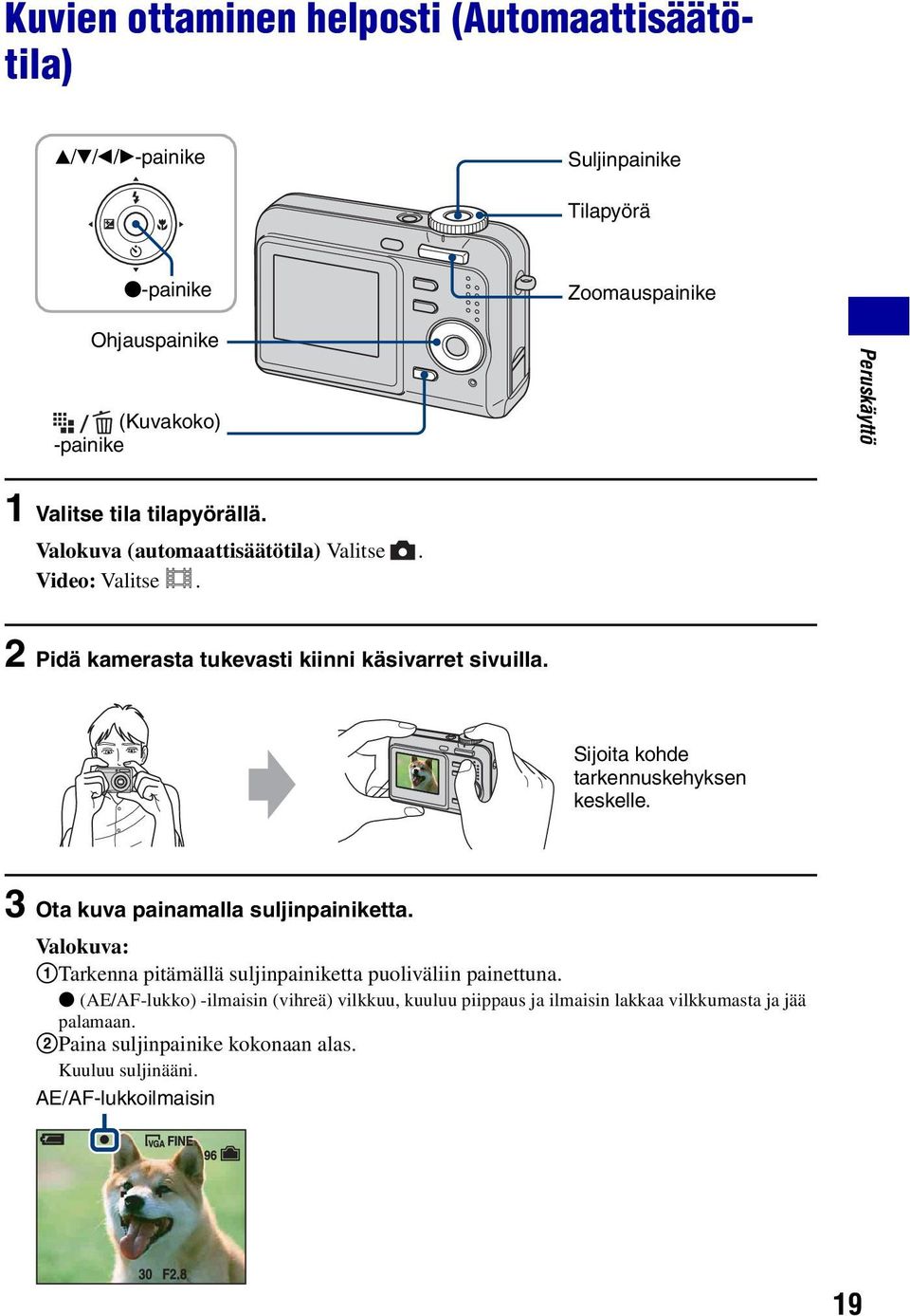 Sijoita kohde tarkennuskehyksen keskelle. 3 Ota kuva painamalla suljinpainiketta. Valokuva: 1Tarkenna pitämällä suljinpainiketta puoliväliin painettuna.