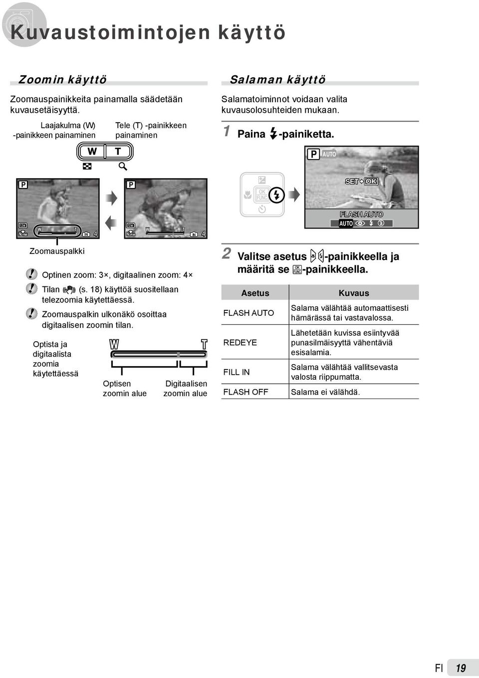 P AUTO P P SET OK 12M NORM IN 4 12M NORM IN 4 FLASH AUTO AUTO! # $ Zoomauspalkki Optinen zoom: 3, digitaalinen zoom: 4 Tilan h (s. 18) käyttöä suositellaan telezoomia käytettäessä.