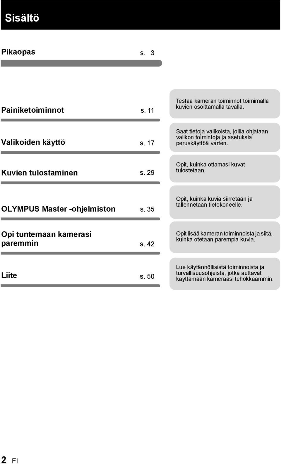 29 Opit, kuinka ottamasi kuvat tulostetaan. OLYMPUS Master -ohjelmiston s. 35 Opit, kuinka kuvia siirretään ja tallennetaan tietokoneelle.