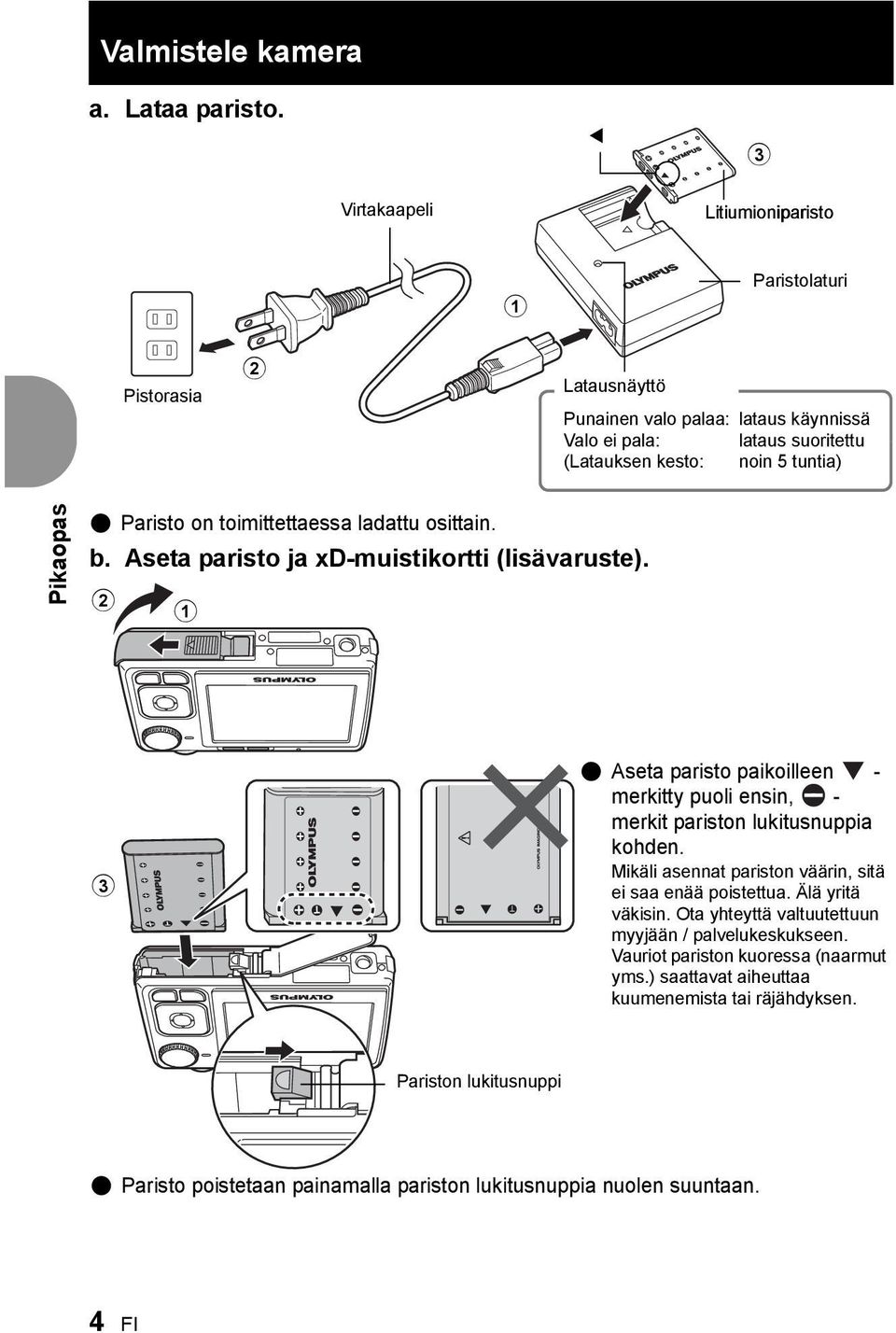 Pikaopas ( Paristo on toimittettaessa ladattu osittain. b. Aseta paristo ja xd-muistikortti (lisävaruste).