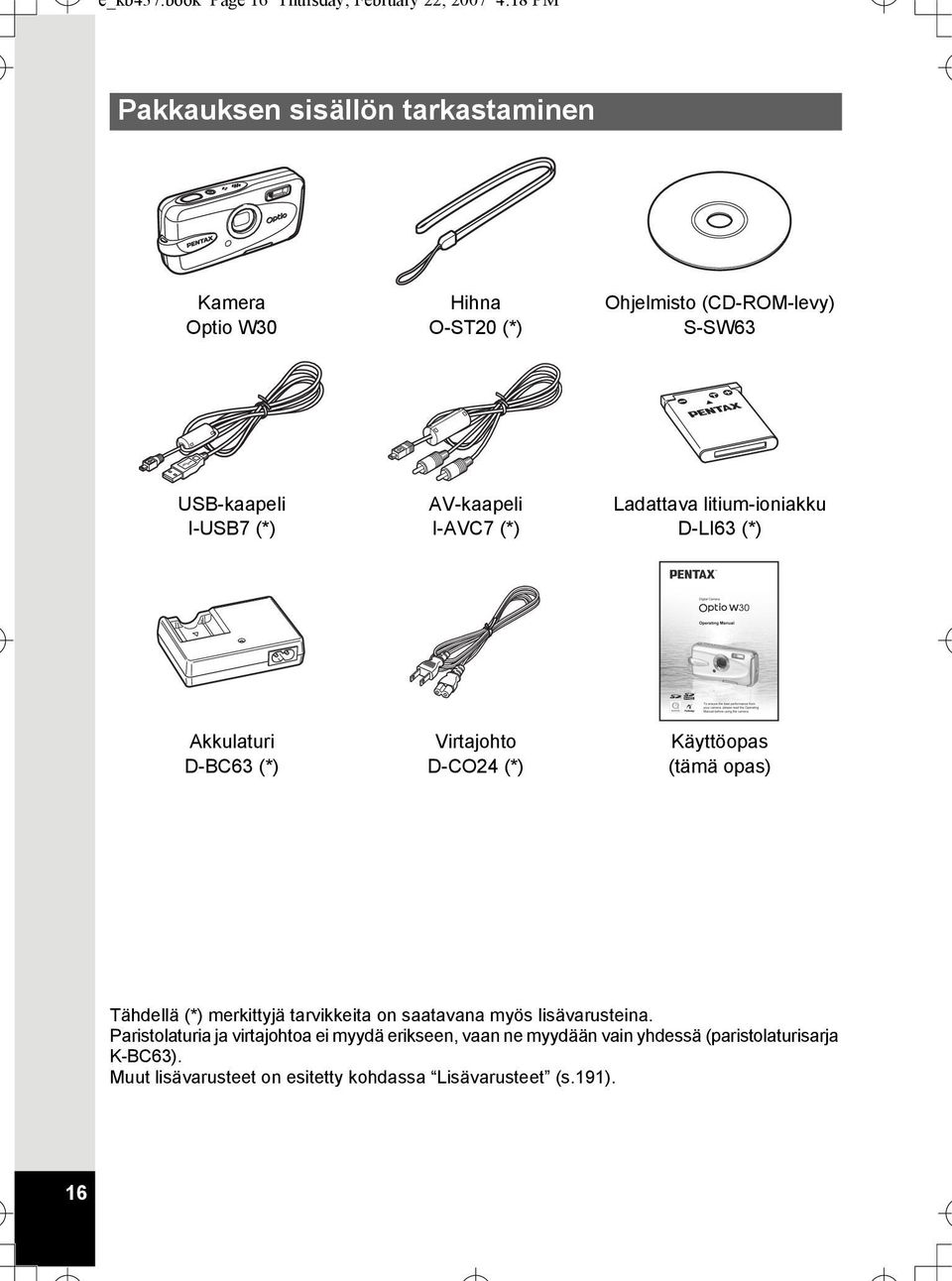 (CD-ROM-levy) S-SW63 USB-kaapeli I-USB7 (*) AV-kaapeli I-AVC7 (*) Ladattava litium-ioniakku D-LI63 (*) Akkulaturi D-BC63 (*) Virtajohto