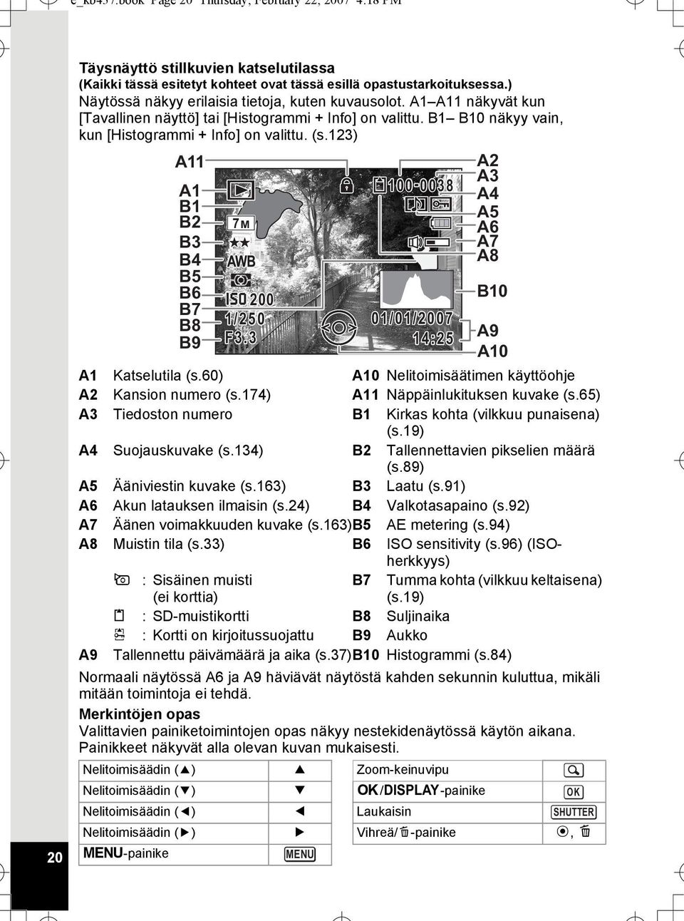 123) A11 A1 B1 B2 B3 B4 B5 B6 B7 B8 B9 7M 200 1/250 F3.3 100-00380038 01/01/2007 14:25 A2 A3 A4 A5 A6 A7 A8 B10 A9 A10 A1 Katselutila (s.60) A10 Nelitoimisäätimen käyttöohje A2 Kansion numero (s.