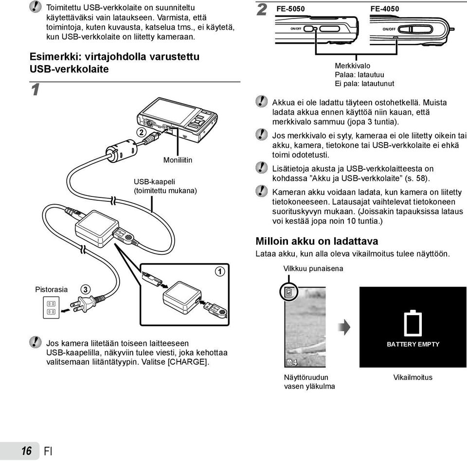 ostohetkellä. Muista ladata akkua ennen käyttöä niin kauan, että merkkivalo sammuu (jopa 3 tuntia).