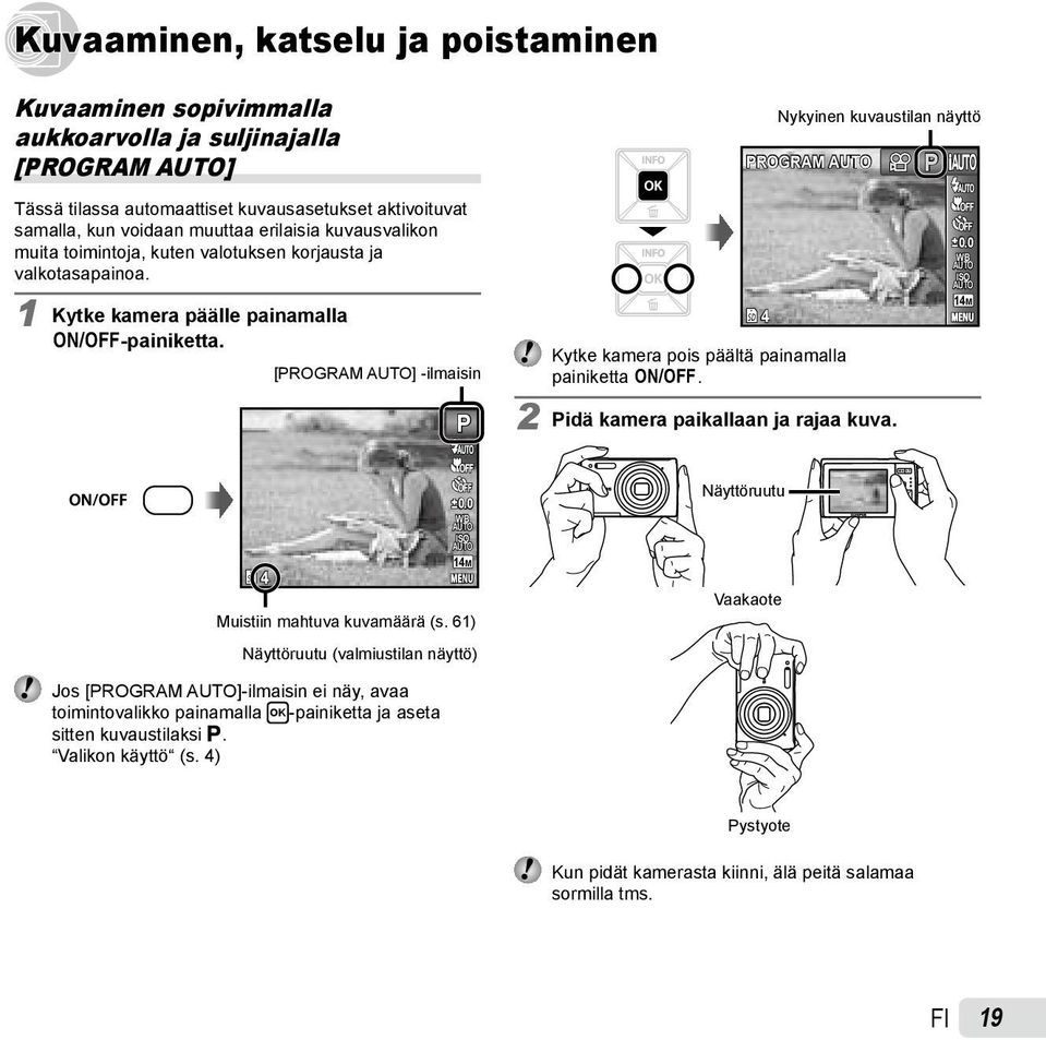 [PROGRAM ] -ilmaisin P Kytke kamera pois päältä painamalla painiketta n. 2 Pidä kamera paikallaan ja rajaa kuva. 4 0.0 WB ISO 14M 4 0.0 WB ISO 14M # Muistiin mahtuva kuvamäärä (s.