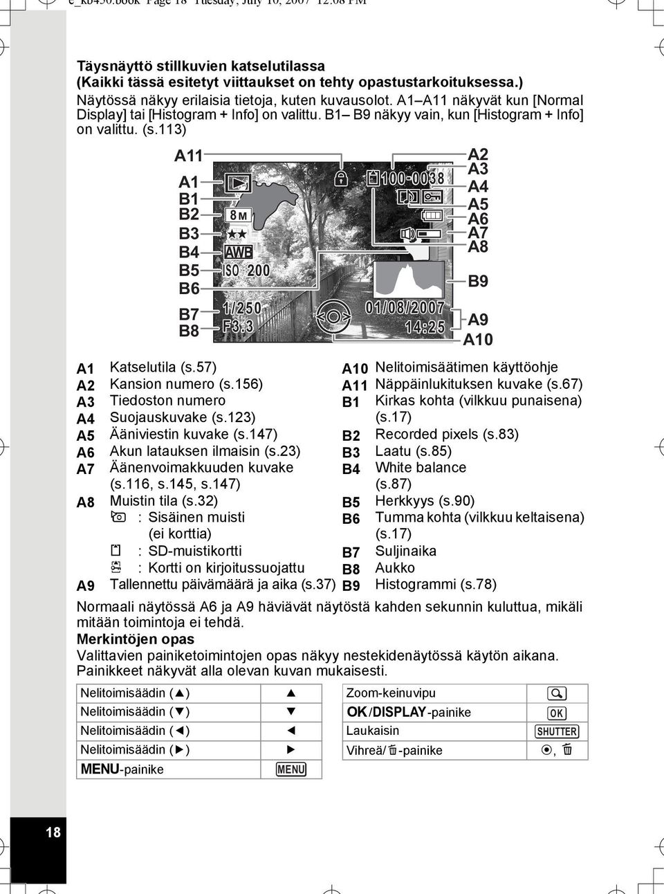113) A11 A1 B1 B2 B3 B4 B5 B6 B7 B8 8M ISO 200 1/250 F3.3 100-00380038 01/08/2007 14:25 A2 A3 A4 A5 A6 A7 A8 A1 Katselutila (s.57) A10 Nelitoimisäätimen käyttöohje A2 Kansion numero (s.
