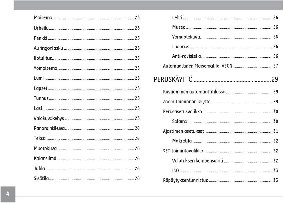 .. 26 Anti-ravistella... 26 Automaattinen Maisematila (ASCN)... 27 PERUSKÄYTTÖ...29 Kuvaaminen automaattitilassa... 29 Zoom-toiminnon käyttö.