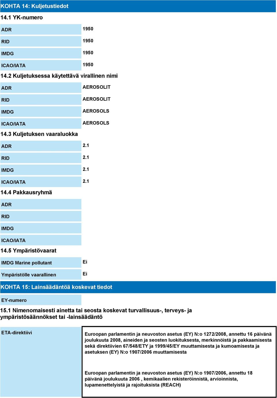 5 Ympäristövaarat IMDG Marine pollutant Ympäristölle vaarallinen Ei Ei KOHTA 15: Lainsäädäntöä koskevat tiedot EY-numero 15.