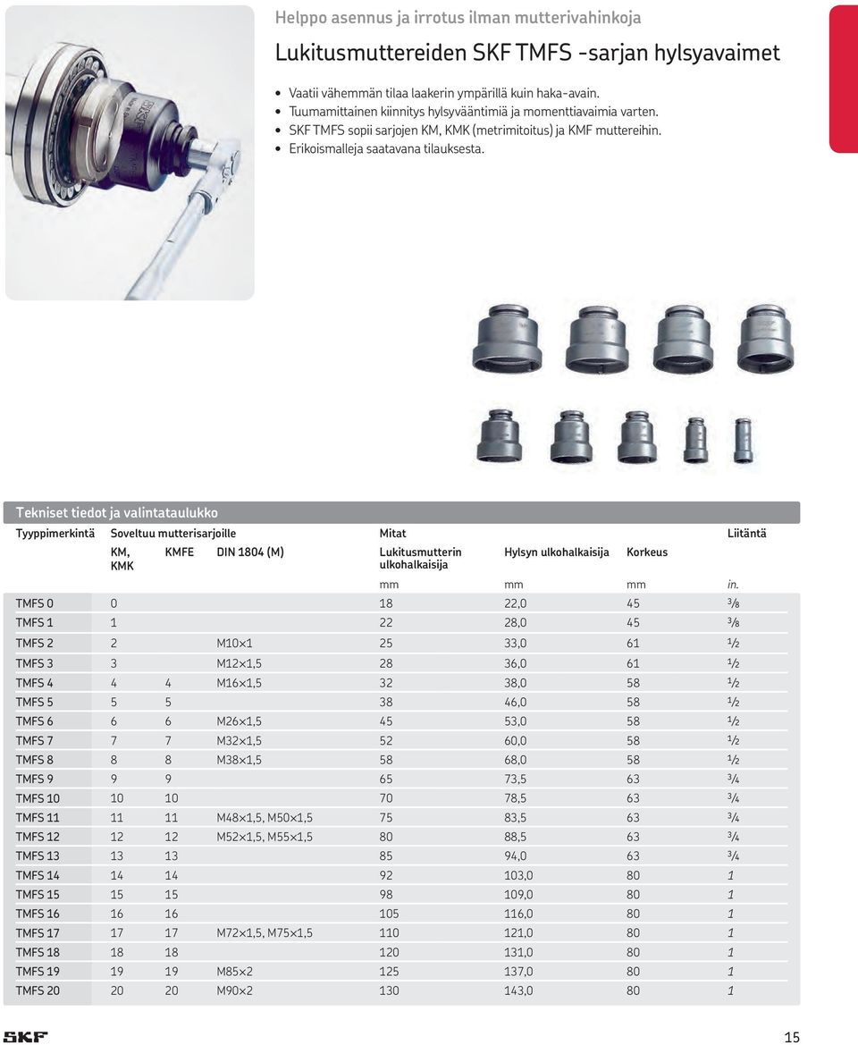 Tekniset tiedot ja valintataulukko Tyyppimerkintä Soveltuu mutterisarjoille Mitat Liitäntä KM, KMFE DIN 1804 (M) Lukitusmutterin Hylsyn ulkohalkaisija Korkeus KMK ulkohalkaisija mm mm mm in.