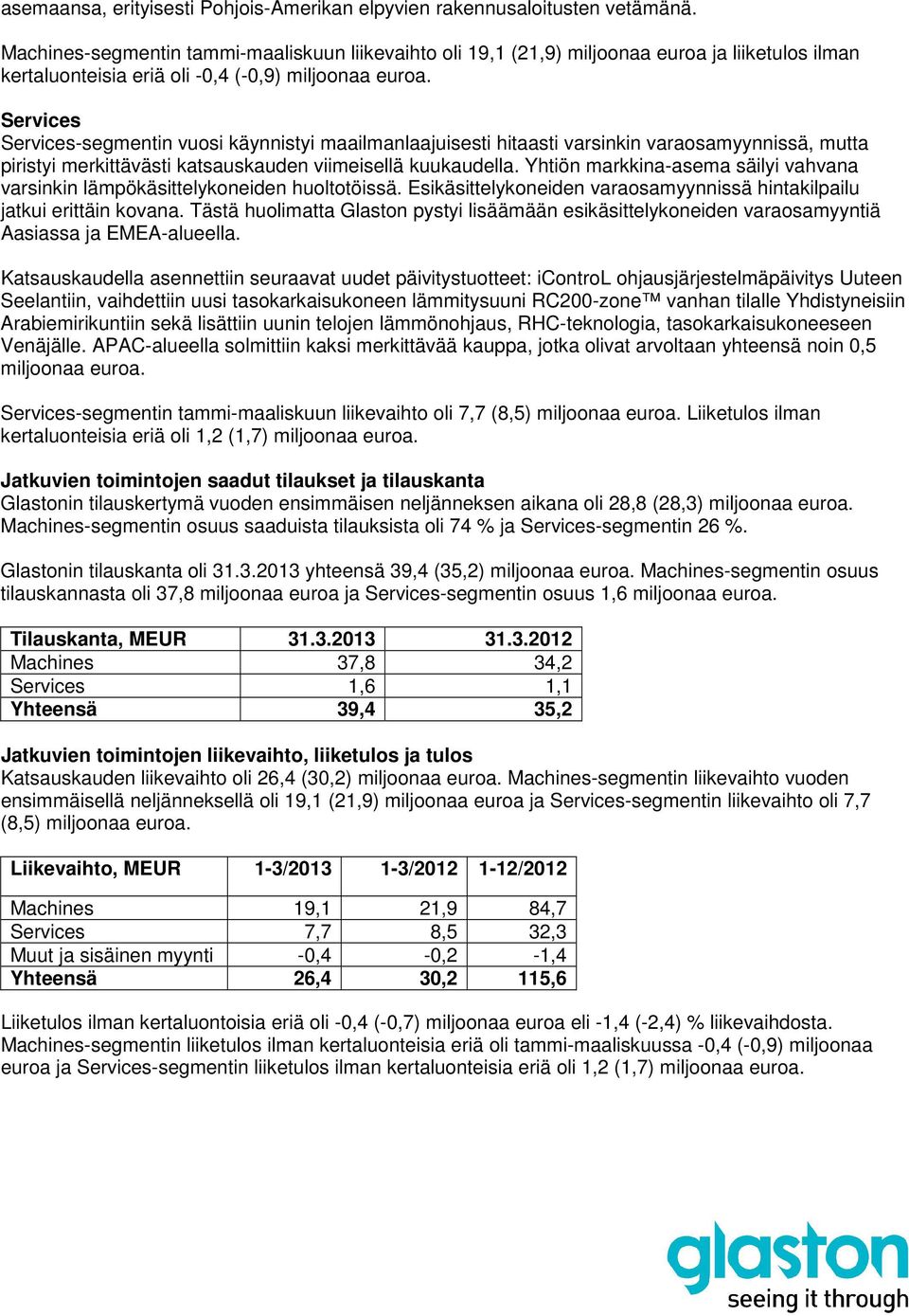 Services Services-segmentin vuosi käynnistyi maailmanlaajuisesti hitaasti varsinkin varaosamyynnissä, mutta piristyi merkittävästi katsauskauden viimeisellä kuukaudella.