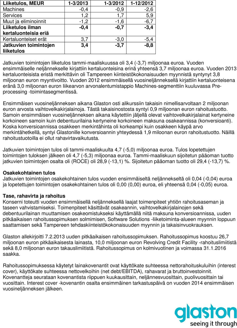 Vuoden ensimmäiselle neljännekselle kirjattiin kertaluonteisina erinä yhteensä 3,7 miljoonaa euroa.