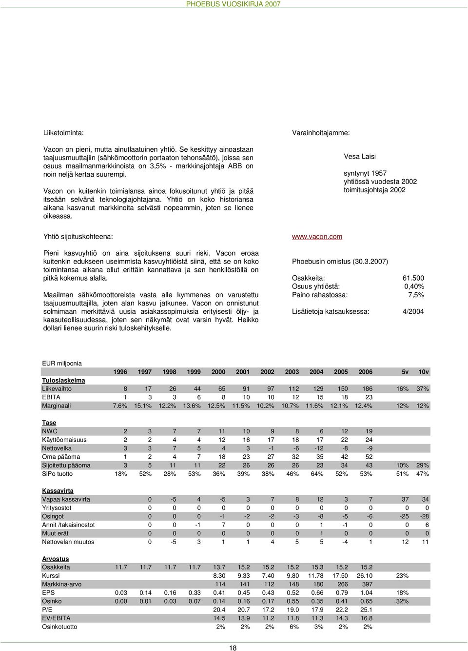 Vacon on kuitenkin toimialansa ainoa fokusoitunut yhtiö ja pitää itseään selvänä teknologiajohtajana.