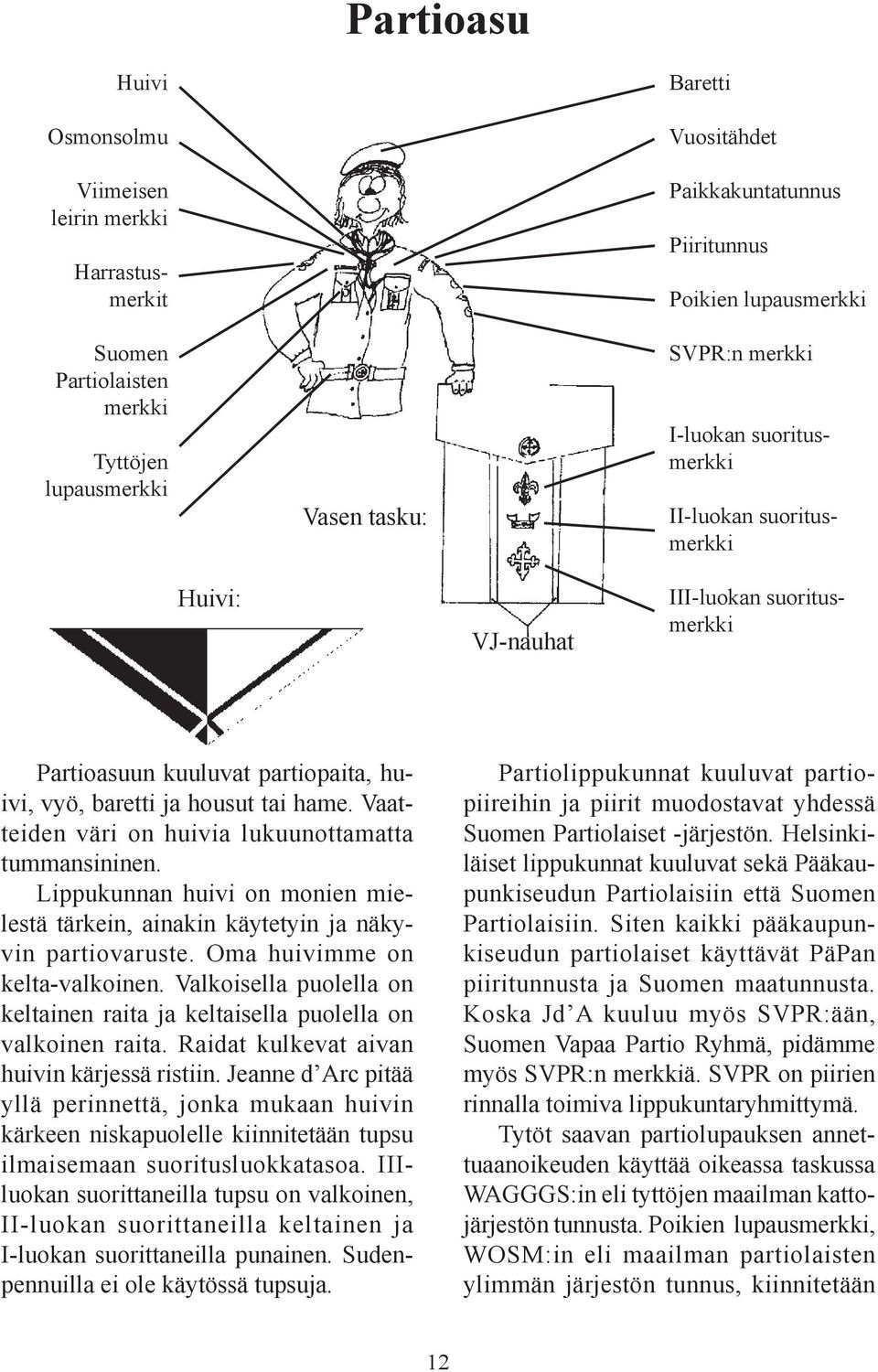 Vaatteiden väri on huivia lukuunottamatta tummansininen. Lippukunnan huivi on monien mielestä tärkein, ainakin käytetyin ja näkyvin partiovaruste. Oma huivimme on kelta-valkoinen.