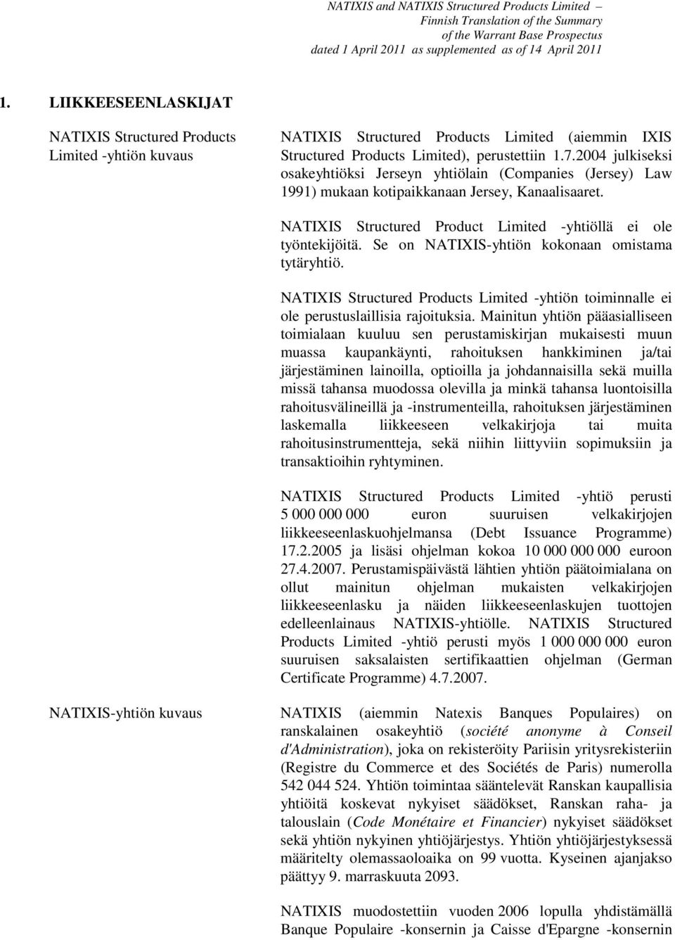 Se on NATIXIS-yhtiön kokonaan omistama tytäryhtiö. NATIXIS Structured Products Limited -yhtiön toiminnalle ei ole perustuslaillisia rajoituksia.