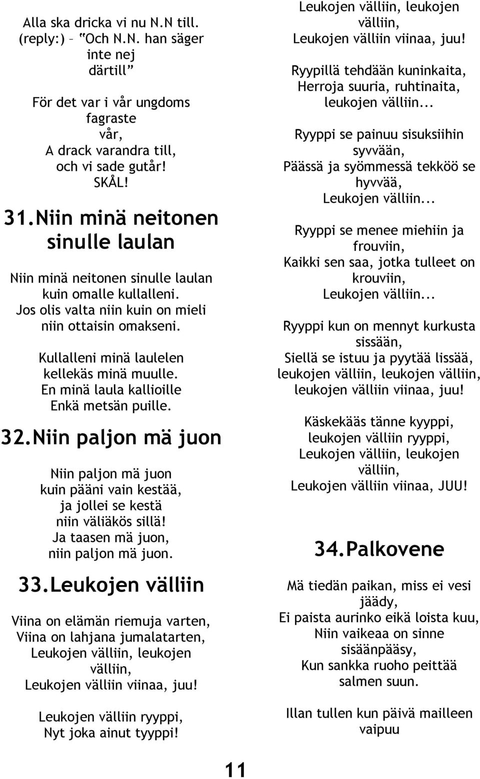 En minä laula kallioille Enkä metsän puille. 32. Niin paljon mä juon Niin paljon mä juon kuin pääni vain kestää, ja jollei se kestä niin väliäkös sillä! Ja taasen mä juon, niin paljon mä juon. 33.