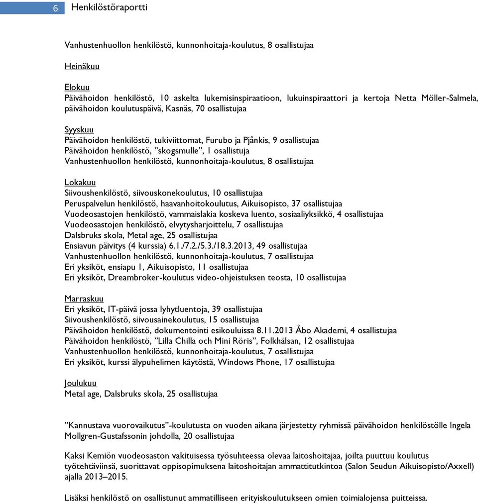 Vanhustenhuollon henkilöstö, kunnonhoitaja-koulutus, 8 osallistujaa Lokakuu Siivoushenkilöstö, siivouskonekoulutus, osallistujaa Peruspalvelun henkilöstö, haavanhoitokoulutus, Aikuisopisto, 7