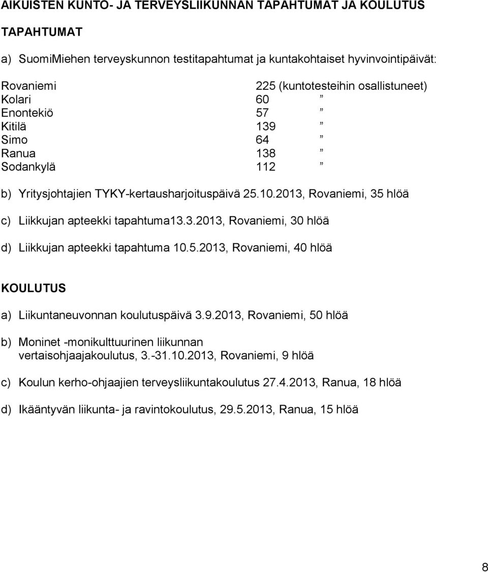 5.2013, Rovaniemi, 40 hlöä KOULUTUS a) Liikuntaneuvonnan koulutuspäivä 3.9.2013, Rovaniemi, 50 hlöä b) Moninet -monikulttuurinen liikunnan vertaisohjaajakoulutus, 3.-31.10.