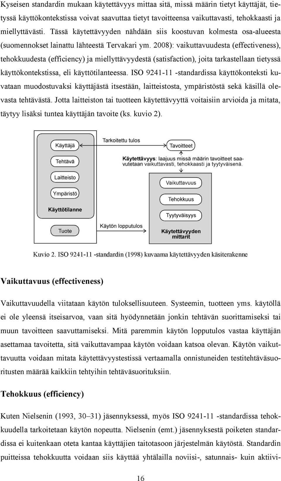 2008): vaikuttavuudesta (effectiveness), tehokkuudesta (efficiency) ja miellyttävyydestä (satisfaction), joita tarkastellaan tietyssä käyttökontekstissa, eli käyttötilanteessa.
