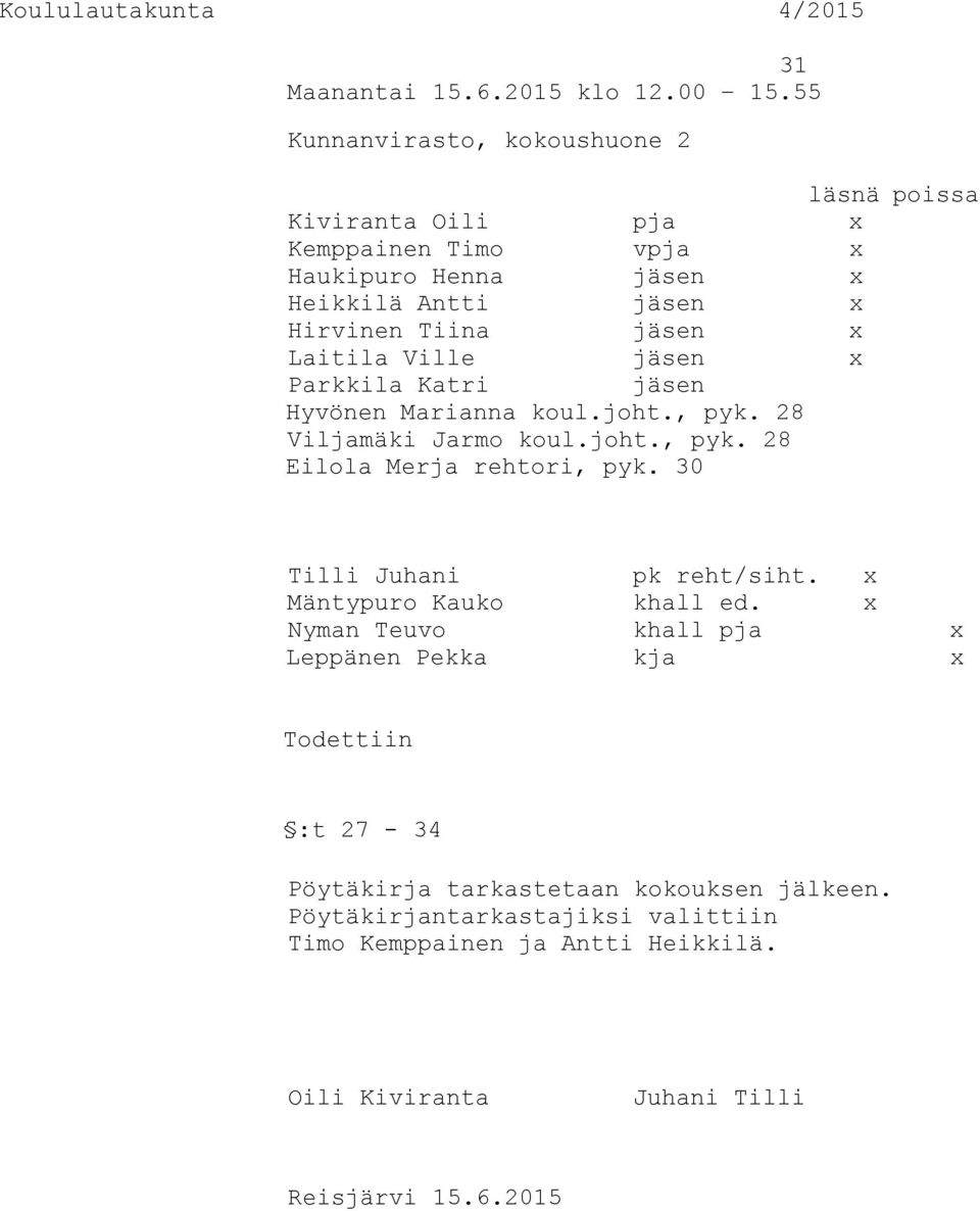 Laitila Ville jäsen x Parkkila Katri jäsen Hyvönen Marianna koul.joht., pyk. 28 Viljamäki Jarmo koul.joht., pyk. 28 Eilola Merja rehtori, pyk.