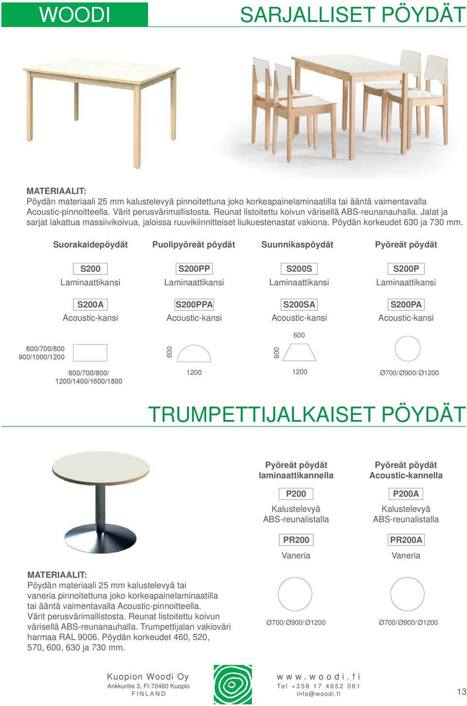 Suorakaidepöydät Puolipyöreät pöydät Suunnikaspöydät Pyöreät pöydät S200 S200PP S200S S200P Laminaattikansi Laminaattikansi Laminaattikansi Laminaattikansi S200A S200PPA S200SA S200PA Acoustic-kansi